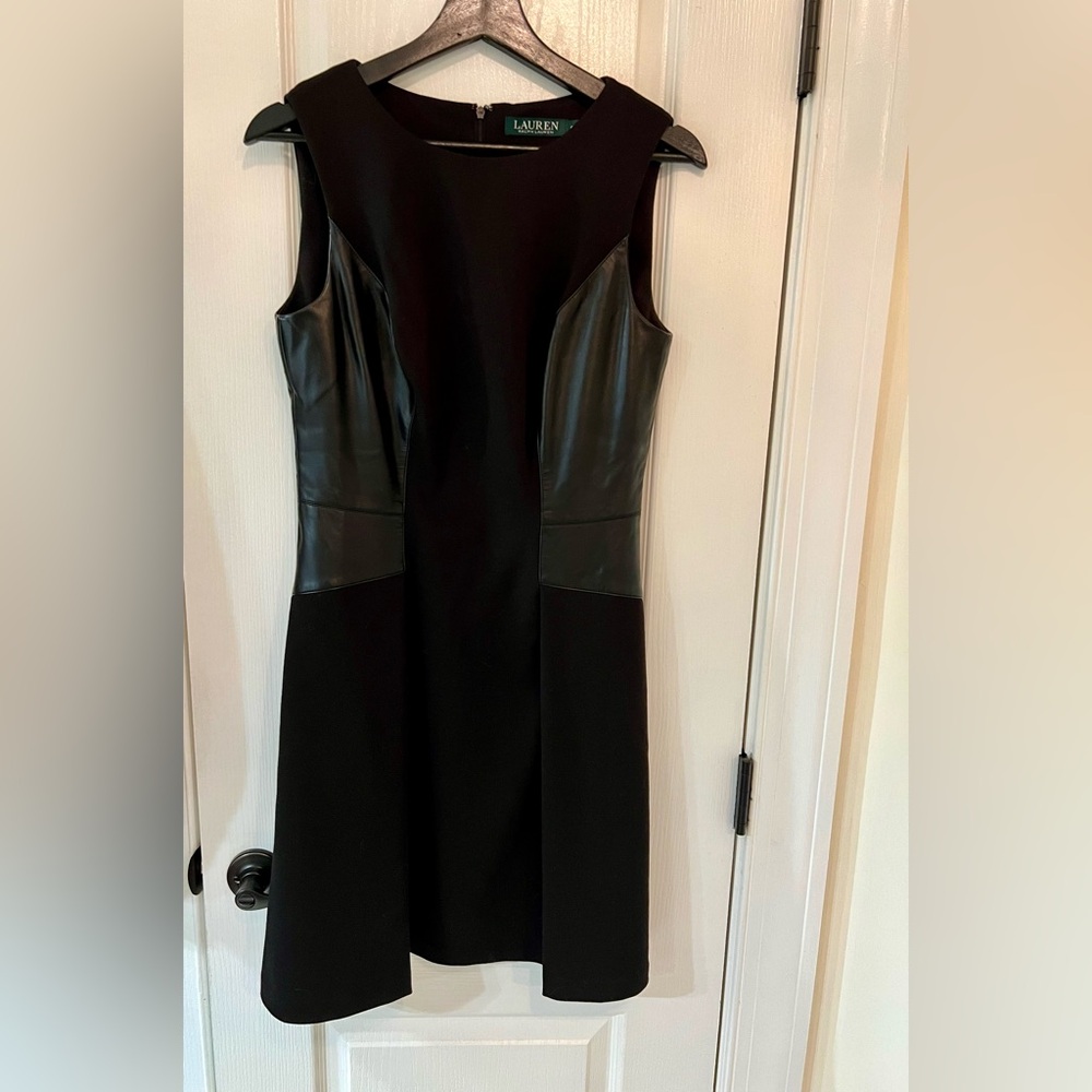 Lauren Ralph Lauren black dress with side faux leather accent panels, size 6.